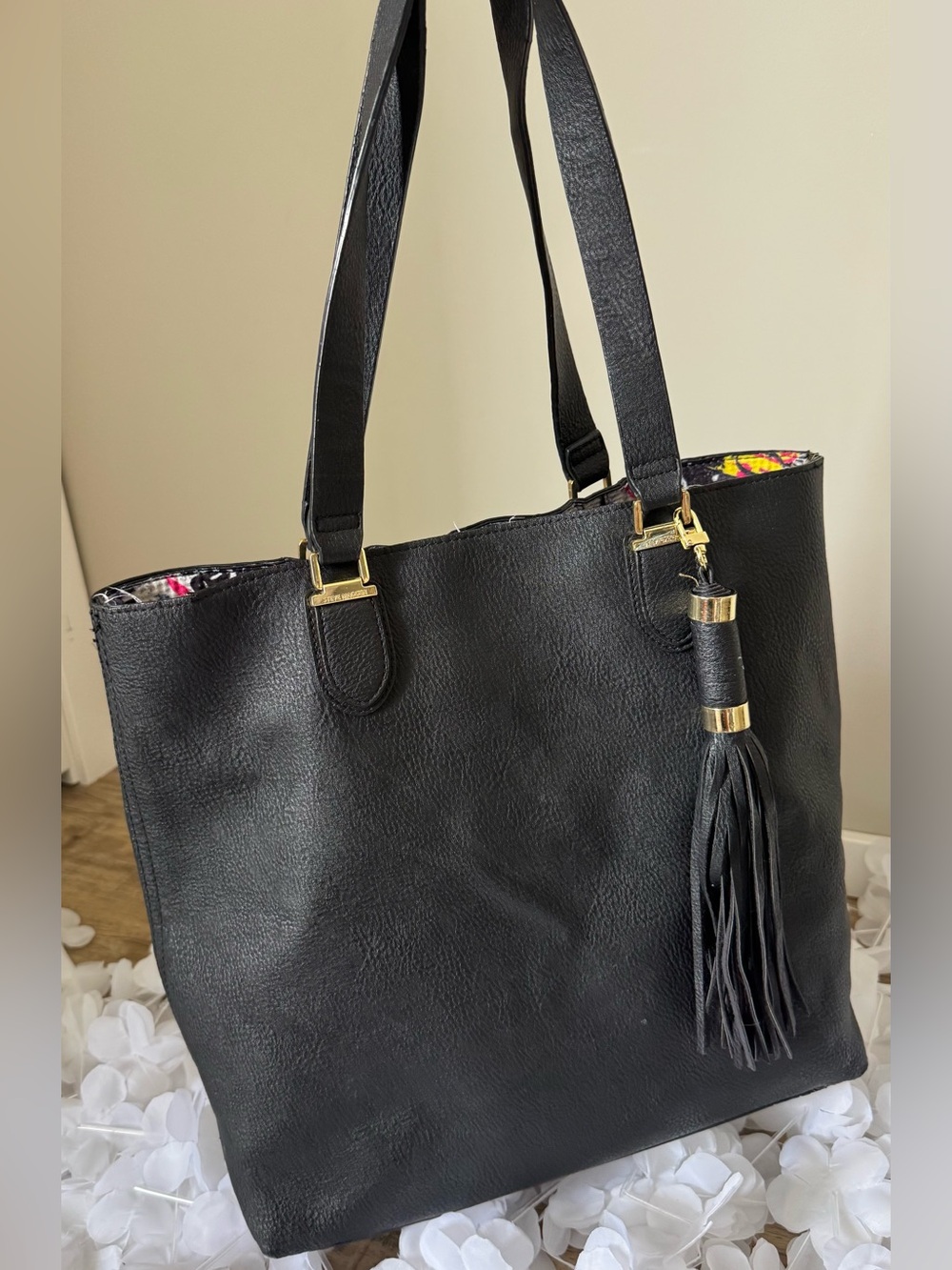 Steve Madden Black Faux-Leather Tote with Tassel Detail